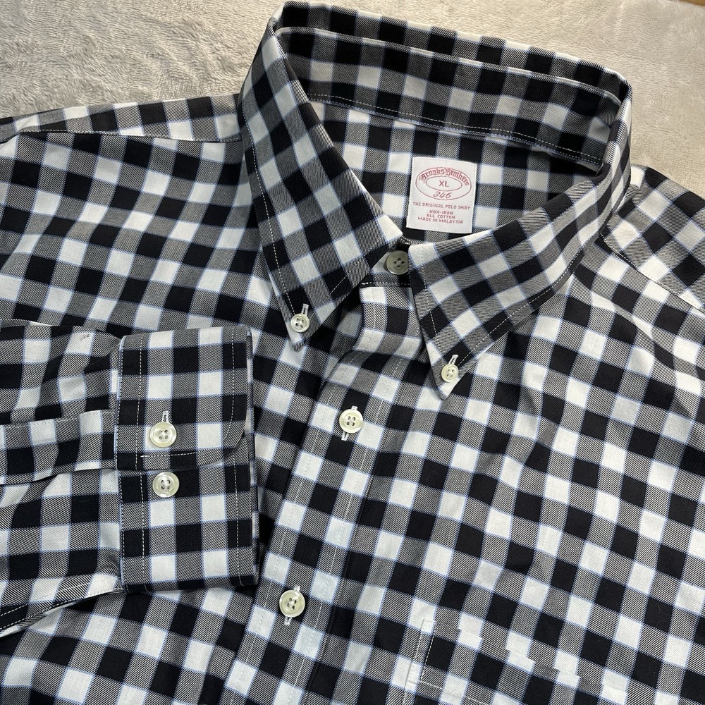 Brooks Brothers 346 Men's Large Black White Plaid Long Sleeve Button Down Shirt